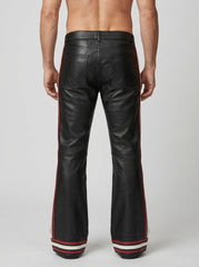 Men’s black leather trousers with bold stripe design