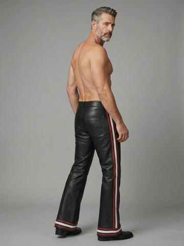 Men’s black leather pants with red side stripes front view