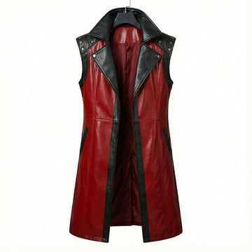 Men’s red sleeveless leather statement coat front view