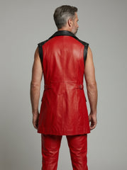 Men’s Red Sleeveless Leather Statement Coat – Bold Tailored Fashion Outerwear
