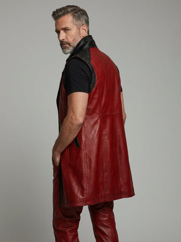 Men’s red sleeveless leather statement coat front view