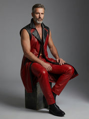 Men’s Red Sleeveless Leather Statement Coat – Bold Tailored Fashion Outerwear