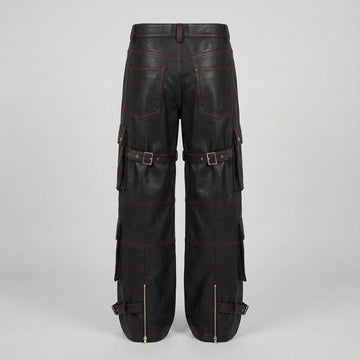 Men’s black leather cargo pants front view