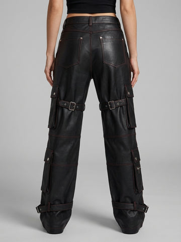 Men’s black leather cargo pants front view