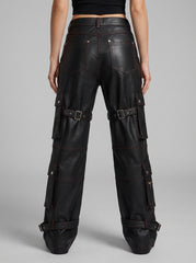 Men’s Black Leather Cargo Pants – Buckled Utility Statement Trousers