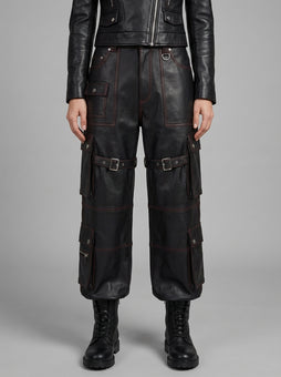 Men’s black leather cargo pants front view