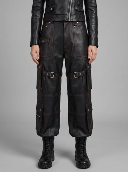 Men’s black leather cargo pants front view