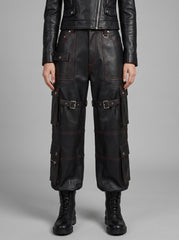 Men’s black leather cargo pants front view