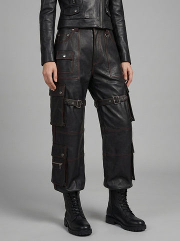 Men’s black leather cargo pants front view