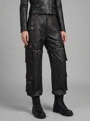 Men’s Black Leather Cargo Pants – Buckled Utility Statement Trousers
