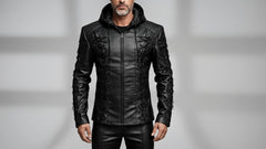 Men’s black hooded lace-up leather jacket front view