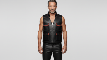 Men’s Black PU Leather Vest with Red Stitching – Luxury Contrast Design
