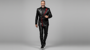 Men’s black leather blazer with red asymmetrical accent