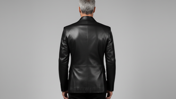 Men’s black leather blazer with red asymmetrical accent
