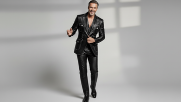 Men’s black leather utility blazer front view