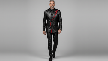 Men’s black leather blazer with red asymmetrical accent