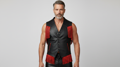 Men’s Black PU Leather Fringe Vest – Bold Red Fringe Design
