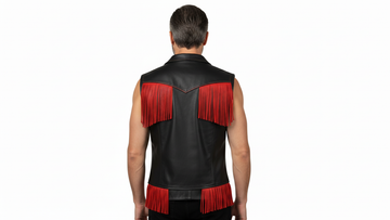 Men’s Black PU Leather Fringe Vest – Bold Red Fringe Design