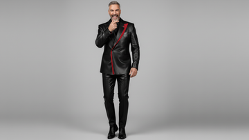 Men’s black leather blazer with red asymmetrical accent