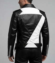 Men’s Black and White Leather Jacket – Luxury Asymmetrical Outerwear