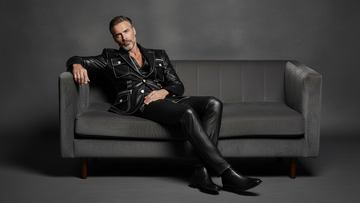 Men’s black leather utility blazer front view