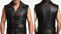 Men’s Black PU Leather Vest with Red Zips & Spiked Collar – Bold Edge Design
