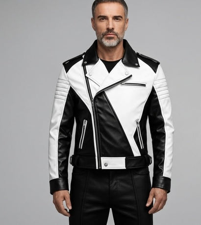Men’s black and white asymmetrical leather biker jacket front view