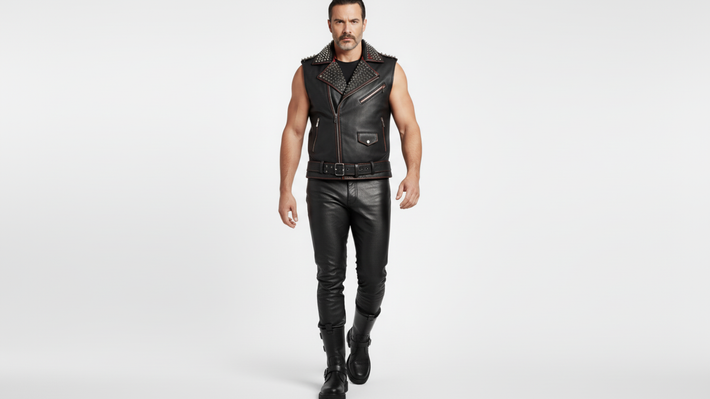 Men’s Black PU Leather Vest with Red Zips & Spiked Collar – Bold Edge Design