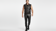 Men’s Black PU Leather Vest with Red Zips & Spiked Collar – Bold Edge Design