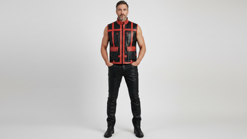 Men’s Black PU Leather Vest with Red Strips – Bold Luxury Statement Wear