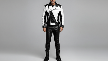 Men’s black and white asymmetrical leather biker jacket front view