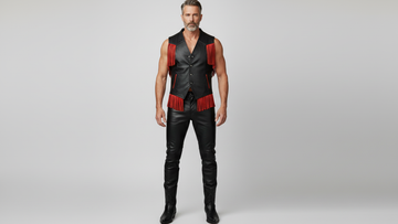 Men’s Black PU Leather Fringe Vest – Bold Red Fringe Design