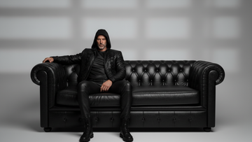 Men’s black hooded lace-up leather jacket front view