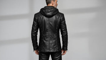 Men’s black hooded lace-up leather jacket front view
