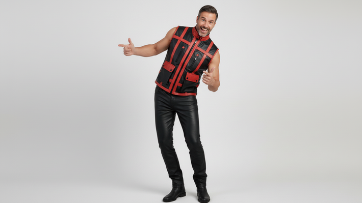 Men’s Black PU Leather Vest with Red Strips – Bold Luxury Statement Wear