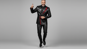Men’s black leather blazer with red asymmetrical accent