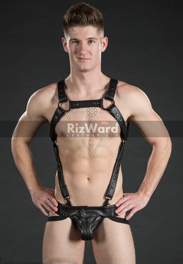 Genuine Black Leather Sport Jock Strap with Hunter Body Harnesses