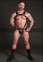Hunter Body Harness with Jockstrap in Black & Red Leather
