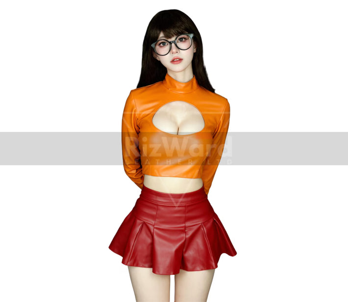 Nerdy Scooby Girl Velma Costume - Sexy Velma Costume for Role Play Cosplay - Seductive Mystery Outfit - Leather Crop Top with Skirt