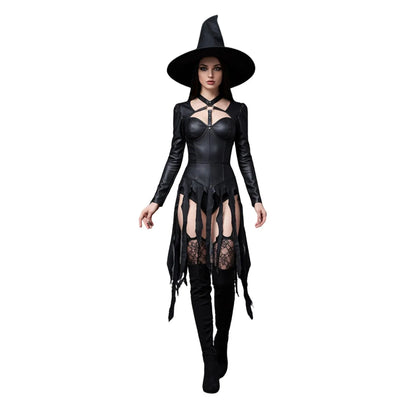 Black Leather Witch Costume - Gothic Long Sleeve Sexy Bodysuit Dress - Seductive Halloween Costumes - Naughty Cosplay Roleplay Costume