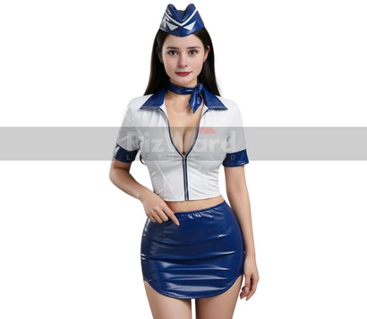 Seductive Leather Airhostess Erotic Costume - Sexy Air Hostess Costume for Role Play Cosplay - Erotic Flight Outfit - Crop Top with Skirt