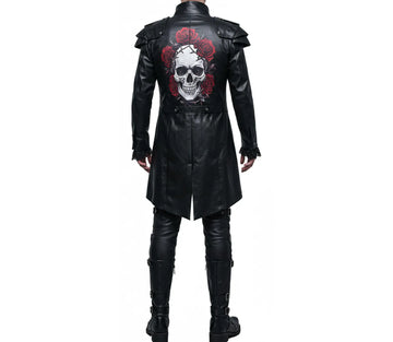 Gothic Vampire Trench Coat with Skull Print - Steampunk Victorian Tailcoat - Dracula Halloween Costume - Victorian Gothic Dress Cosplay