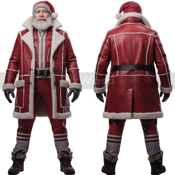 Classic Leather Santa Claus Coat with Faux Fur - Santa Trench Coat Cosplay Costumes - Santa Claus Holiday Christmas Costumes - Long Coat