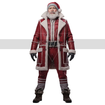 Classic Leather Santa Claus Coat with Faux Fur - Santa Trench Coat Cosplay Costumes - Santa Claus Holiday Christmas Costumes - Long Coat