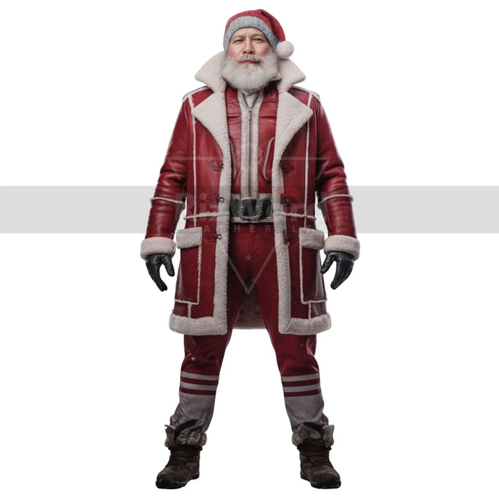 Classic Leather Santa Claus Coat with Faux Fur - Santa Trench Coat Cosplay Costumes - Santa Claus Holiday Christmas Costumes - Long Coat