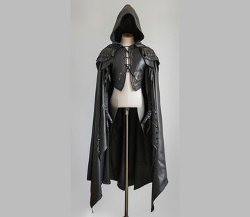 Pure Black Leather Medieval Hooded Cloak - Leather Cloak With Vest For Cosplay - Hooded Cloak Leather Gift For Men