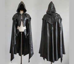 Pure Black Leather Medieval Hooded Cloak - Leather Cloak With Vest For Cosplay - Hooded Cloak Leather Gift For Men