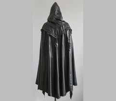 Pure Black Leather Medieval Hooded Cloak - Leather Cloak With Vest For Cosplay - Hooded Cloak Leather Gift For Men