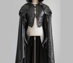 Pure Black Leather Medieval Hooded Cloak - Leather Cloak With Vest For Cosplay - Hooded Cloak Leather Gift For Men