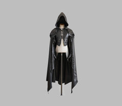 Pure Black Leather Medieval Hooded Cloak - Leather Cloak With Vest For Cosplay - Hooded Cloak Leather Gift For Men